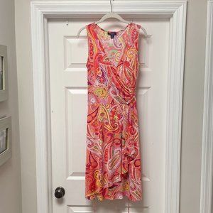 Chaps Faux Wrap Sleeveless Dress, Size M, Color: Pink/Orange/Yellow Paisley